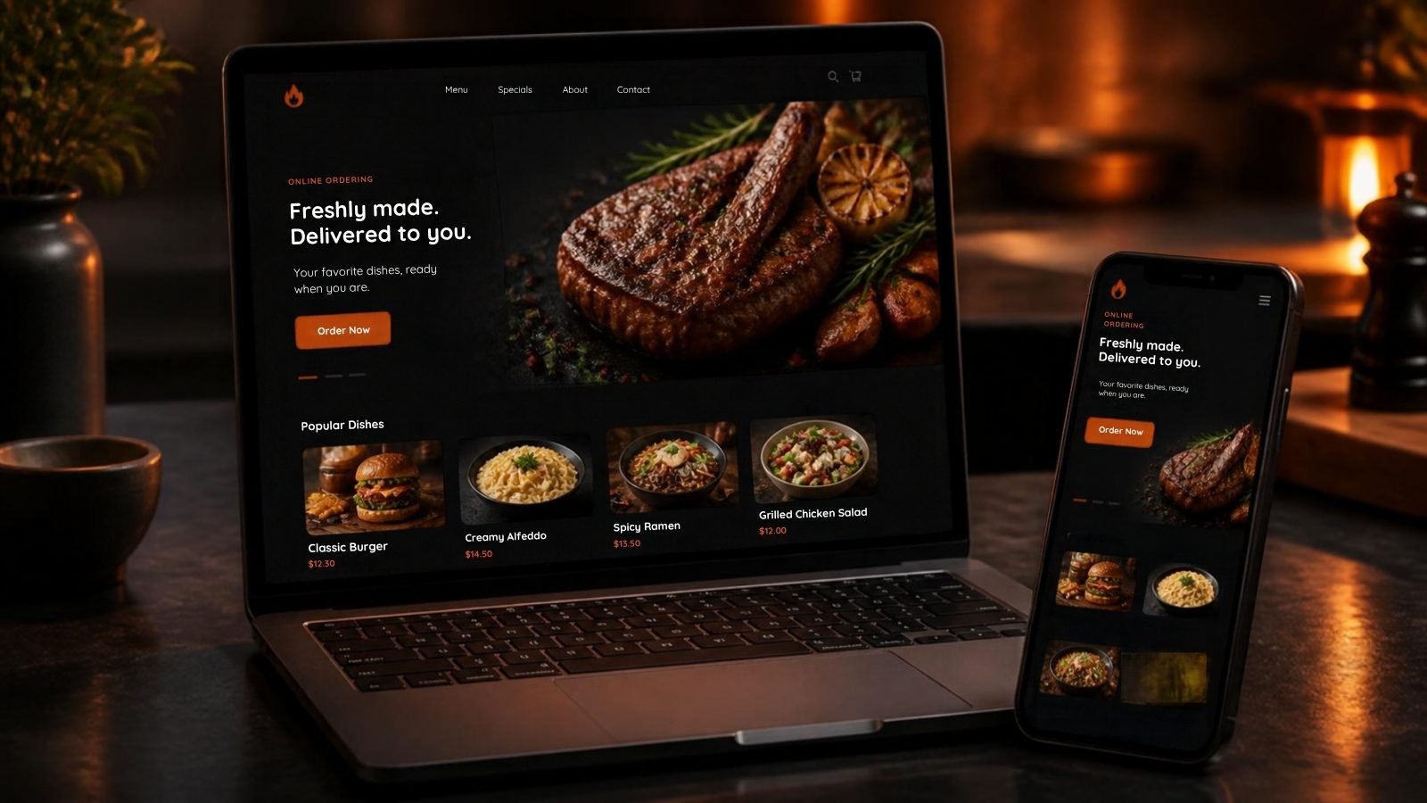 Restaurant online ordering website on laptop and mobile